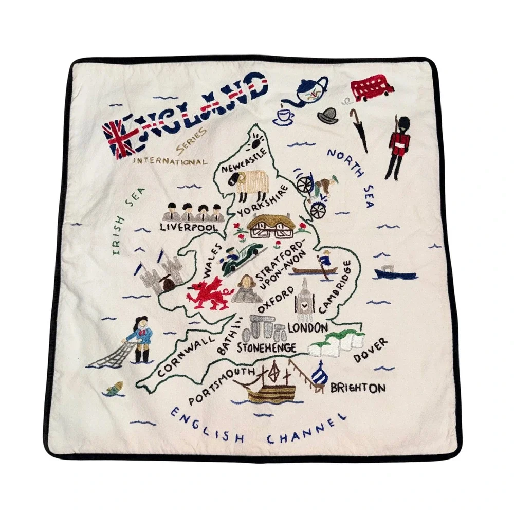 Catstudio England Hand Embroidered Pillow Cover Unisex 19x19 Cream Excellent Map